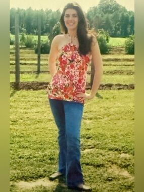 Express size M floral halter top vibrant red, pink, orange green on white, EUC